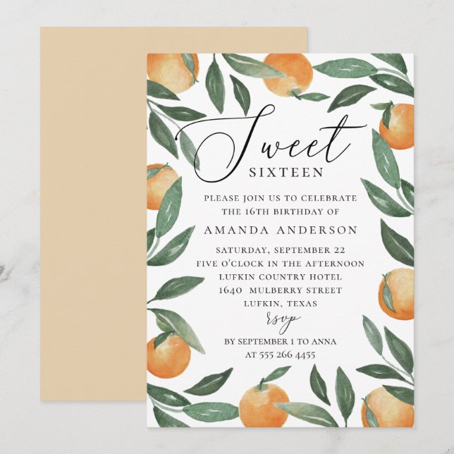 Sweet Sixteen | Citrus Orange & Greenery Birthday  Invitation (Front/Back)