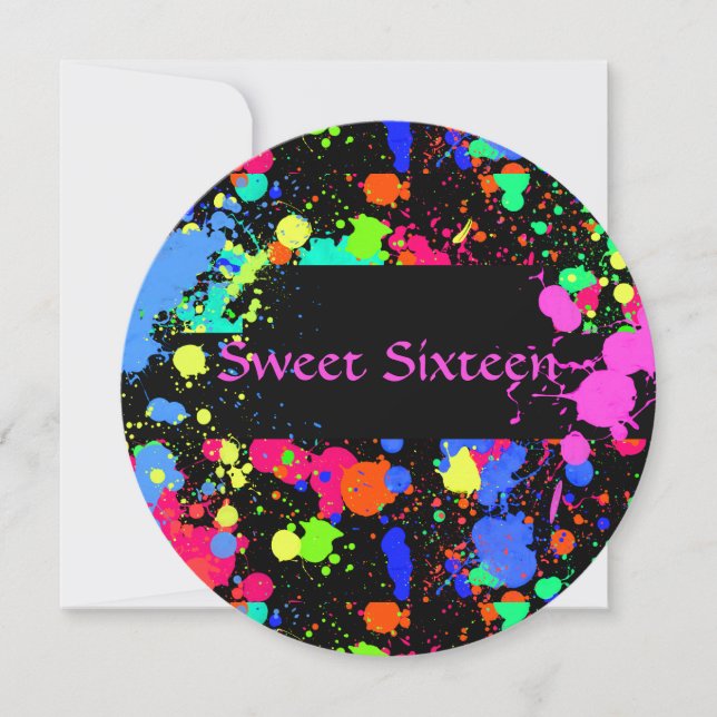 Sweet Sixteen, Colourful, Neon Paint, Invitation (Front)