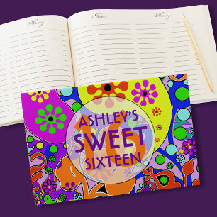 Sweet Sixteen Colourful Retro Floral  Guest Book