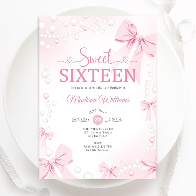  Sweet Sixteen Coquette Pink Bows Pearls Invitation (Creator Uploaded)
