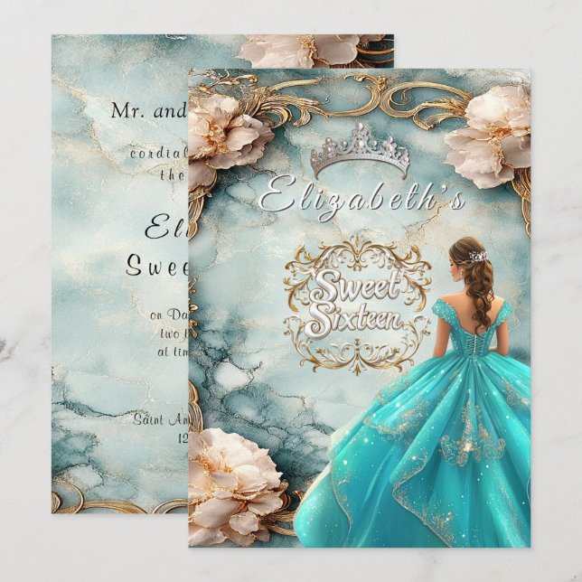 Sweet Sixteen Crown Pink Roses Gold Filigree Invitation (Front/Back)