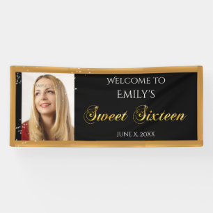 Sweet Sixteen, Custom Photo, Gold Sparkle Banner