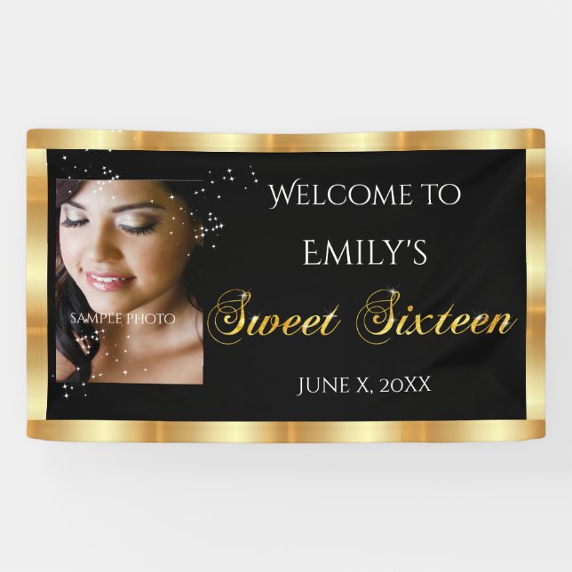 Sweet Sixteen, Custom Photo, Gold Sparkle Banner (Horizontal)