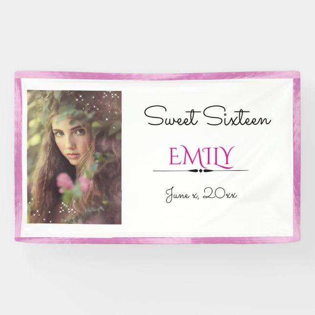 Sweet Sixteen, Custom Photo, Pink and White Banner (Horizontal)