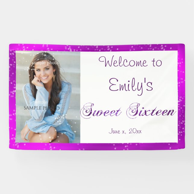 Sweet Sixteen, Custom Photo, Purple, Sparkle Banner (Horizontal)