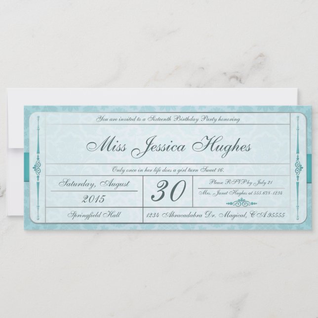 Sweet Sixteen Damask Ticket Invitation (Front)
