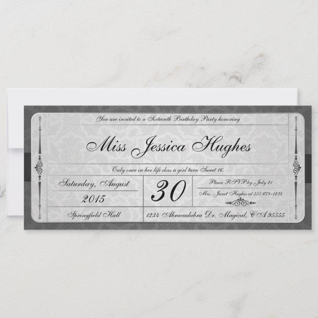 Sweet Sixteen Damask Ticket Invitation (Front)
