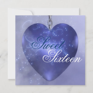 Sweet Sixteen Dark Blue Heart Birthday Invitation