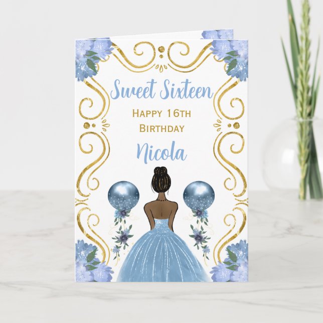 Sweet Sixteen Dark Skin Princess Blue Birthday Card (Front)
