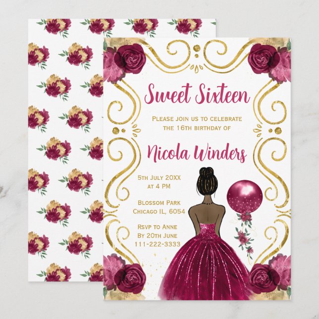 Sweet Sixteen Dark Skin Princess in Burgundy Invitation (Front/Back)
