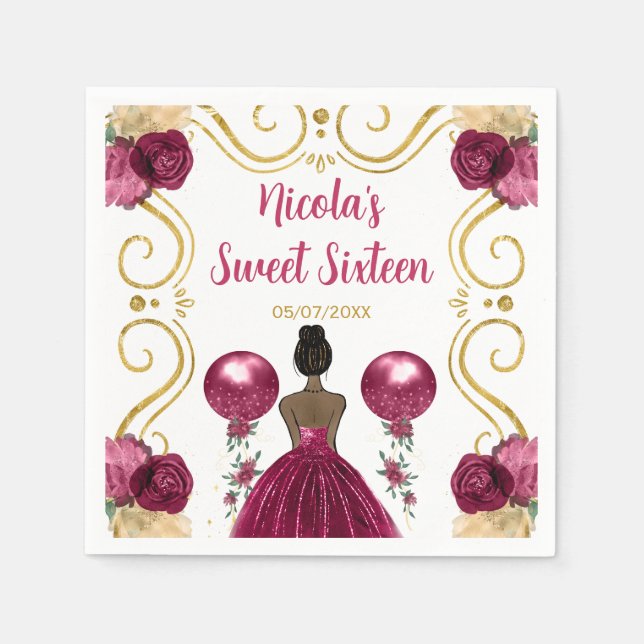 Sweet Sixteen Dark Skin Princess in Burgundy Red Napkin (Front)