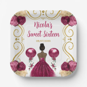 Sweet Sixteen Dark Skin Princess in Burgundy Red Paper Plate
