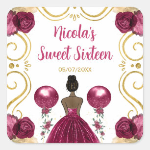 Sweet Sixteen Dark Skin Princess in Burgundy Red Square Sticker