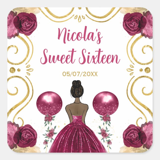 Sweet Sixteen Dark Skin Princess in Burgundy Red Square Sticker (Front)