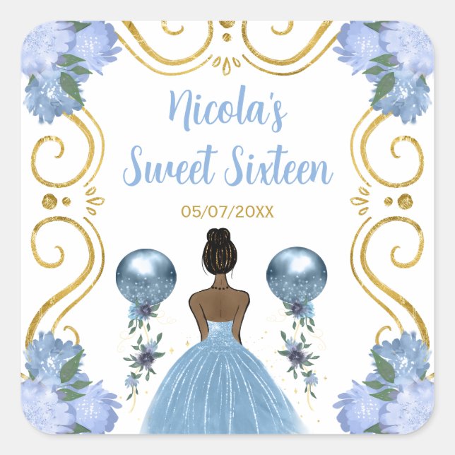 Sweet Sixteen Dark Skin Princess in Dusty Blue Square Sticker (Front)