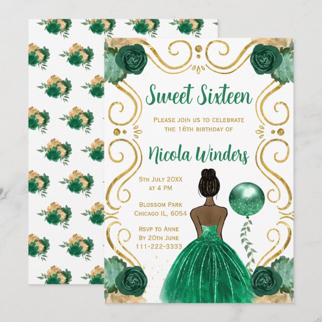 Sweet Sixteen  Dark Skin Princess in Green Invitation (Front/Back)
