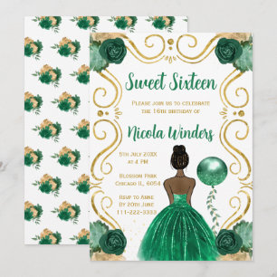 Sweet Sixteen  Dark Skin Princess in Green Invitation