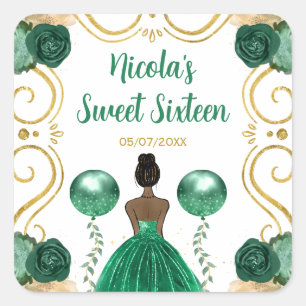 Sweet Sixteen Dark Skin Princess in Green Square Sticker