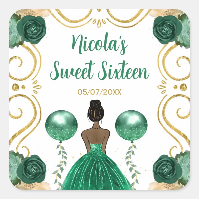 Sweet Sixteen Dark Skin Princess in Green Square Sticker (Front)