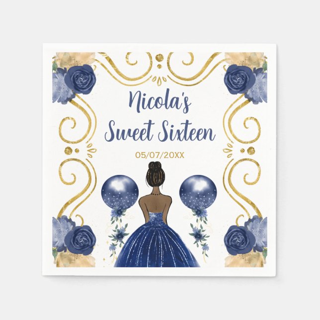Sweet Sixteen Dark Skin Princess in Navy Blue Napkin (Front)