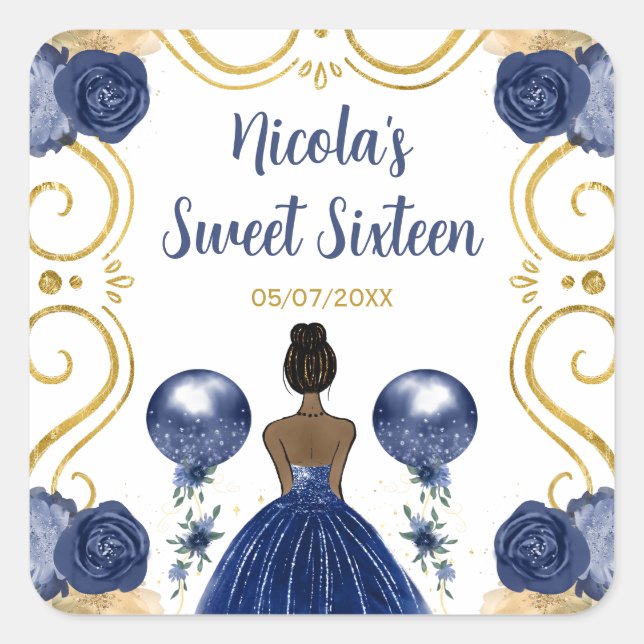 Sweet Sixteen Dark Skin Princess in Navy Blue Square Sticker (Front)