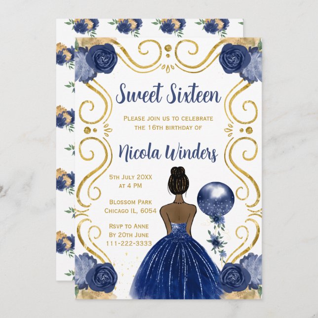 Sweet Sixteen Dark Skin Princess in Navy Invitation (Front/Back)
