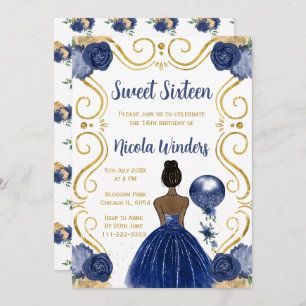 Sweet Sixteen Dark Skin Princess in Navy Invitation