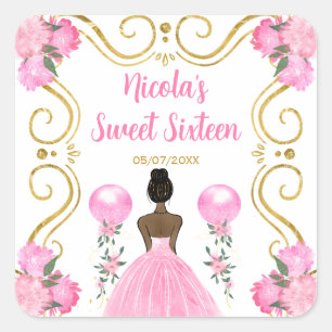 Sweet Sixteen Dark Skin Princess in Pink Square Sticker