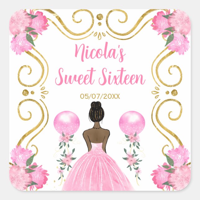 Sweet Sixteen Dark Skin Princess in Pink Square Sticker (Front)