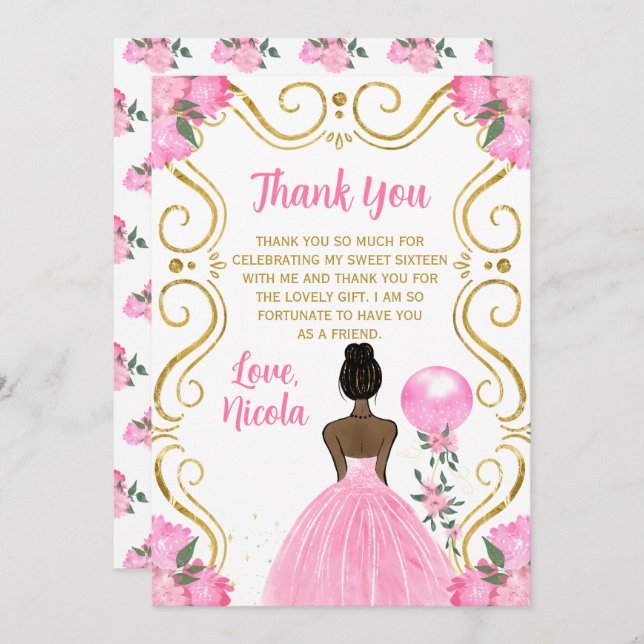 Sweet Sixteen Dark Skin Princess in Pink Thank You Card (Front/Back)