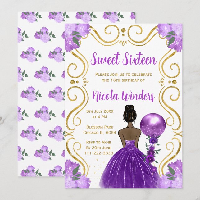 Sweet Sixteen Dark Skin Princess in Purple Invitation (Front/Back)