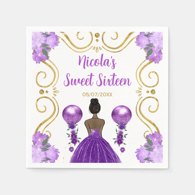 Sweet Sixteen Dark Skin Princess in Purple Napkin (Front)