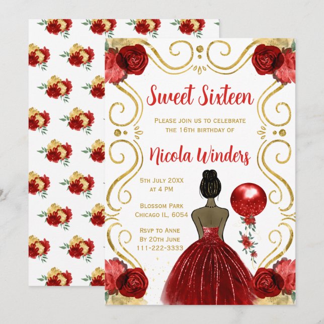 Sweet Sixteen Dark Skin Princess in Red Invitation (Front/Back)