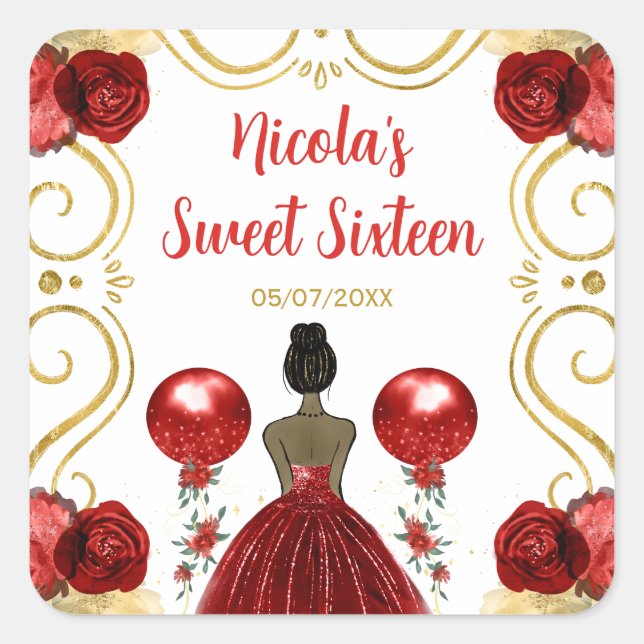 Sweet Sixteen Dark Skin Princess in Red Square Sticker (Front)