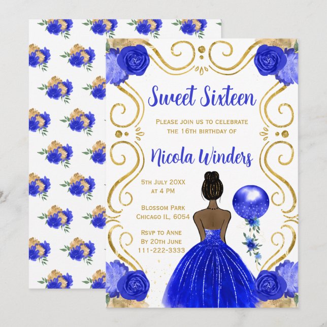 Sweet Sixteen Dark Skin Princess in Royal Blue Invitation (Front/Back)