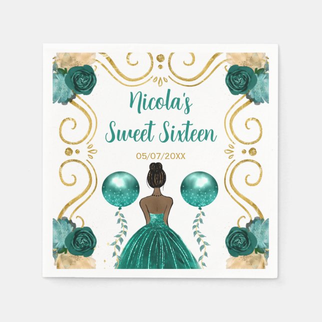 Sweet Sixteen Dark Skin Princess in Teal Napkin (Front)