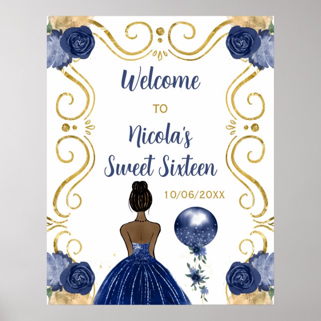 Sweet Sixteen Dark Skin Princess Navy Welcome Poster (Front)