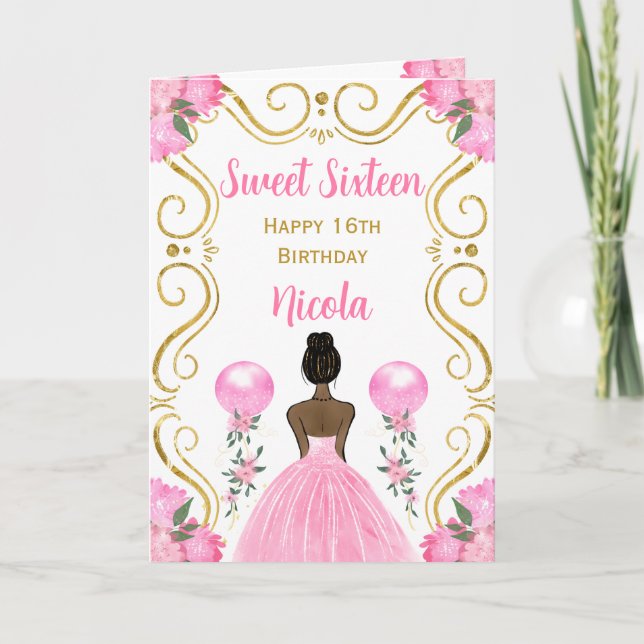 Sweet Sixteen Dark Skin Princess Pink Birthday Card (Front)