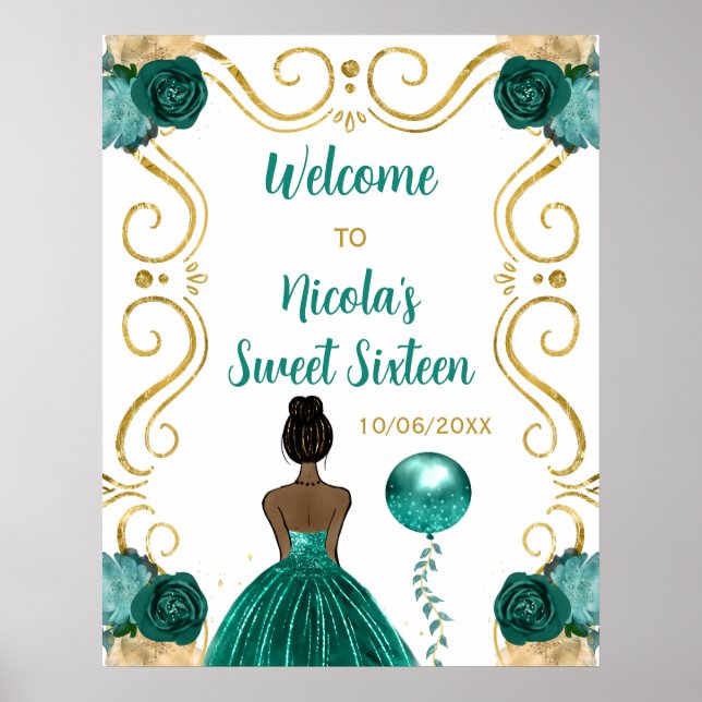 Sweet Sixteen Dark Skin Princess Teal Welcome Poster (Front)