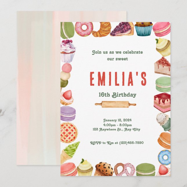 Sweet Sixteen Dessert Theme Party Invitation (Front/Back)