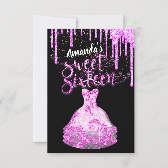 Sweet Sixteen Dress Glitter Drip Pink Drips Black  Invitation (Back)
