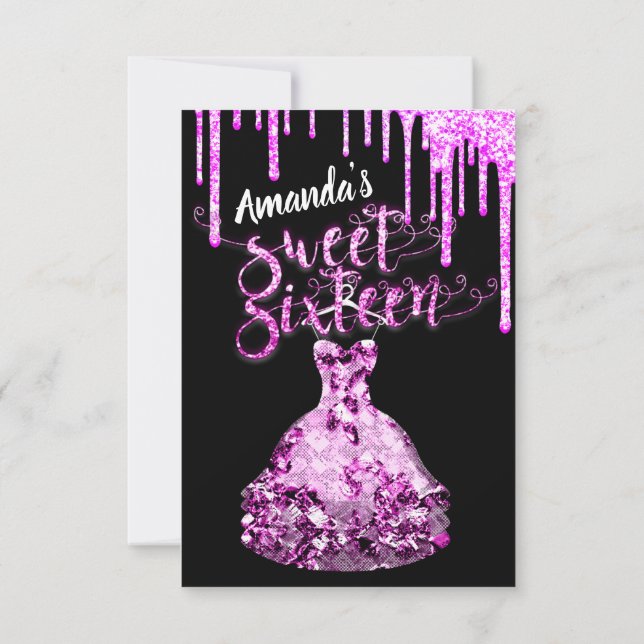 Sweet Sixteen Dress Glitter Drip Pink Drips Black  Invitation (Back)
