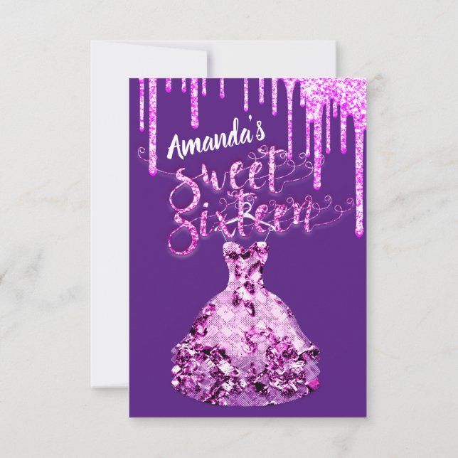 Sweet Sixteen Dress Glitter Drip Pink Drips Purple Invitation (Back)