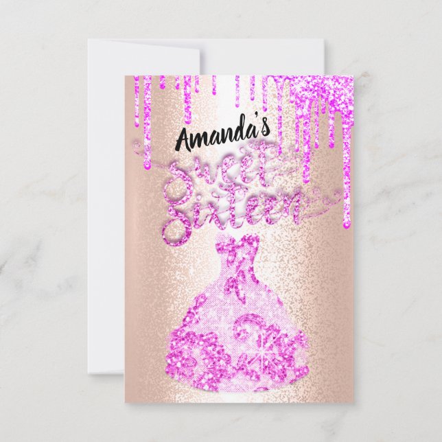 Sweet Sixteen Dress Glitter Drip Pink Drips Rose  Invitation (Back)