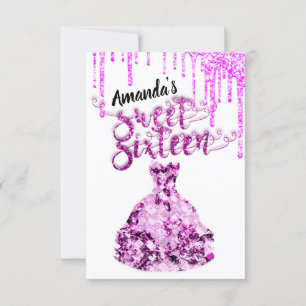Sweet Sixteen Dress Glitter Drip Pink Drips White Invitation