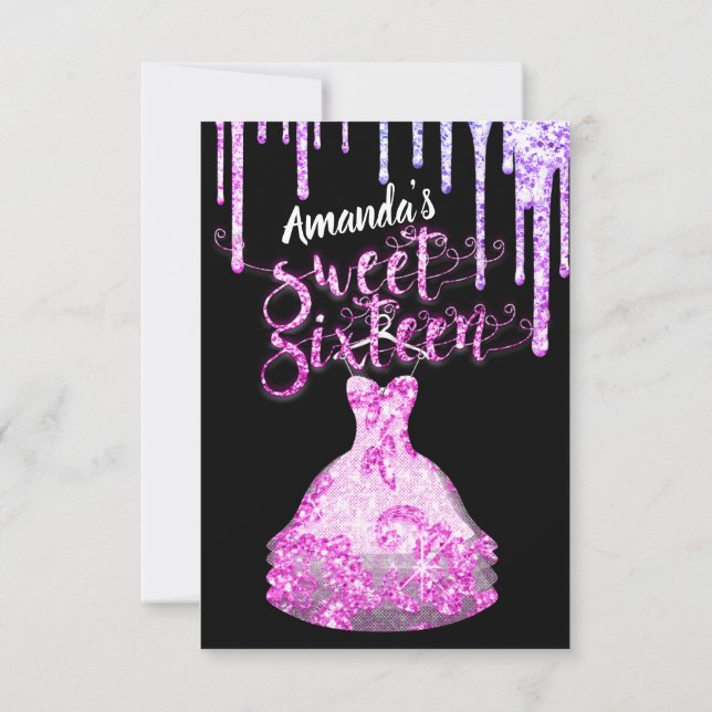 Sweet Sixteen Dress Glitter Drip Pink Royal Black Invitation (Back)