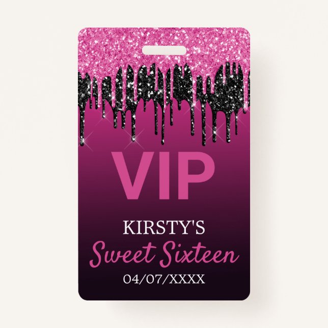 Sweet Sixteen Dripping Glitter Birthday Party ID Badge (Front)