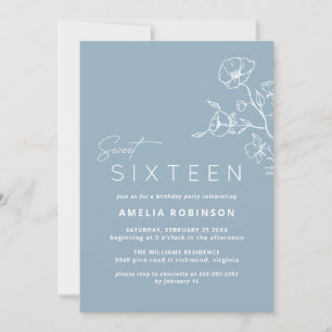 Sweet Sixteen Dusty Blue Airy Floral 16th Birthday Invitation