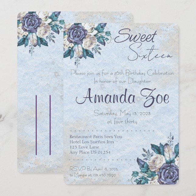Sweet Sixteen Dusty Blue Floral invitation (Front/Back)