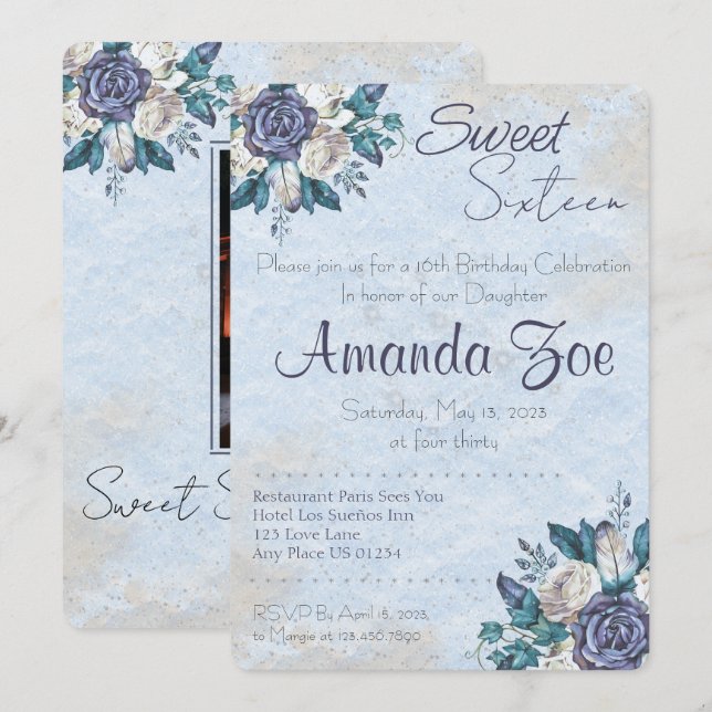 Sweet Sixteen Dusty Blue Floral invitation (Front/Back)